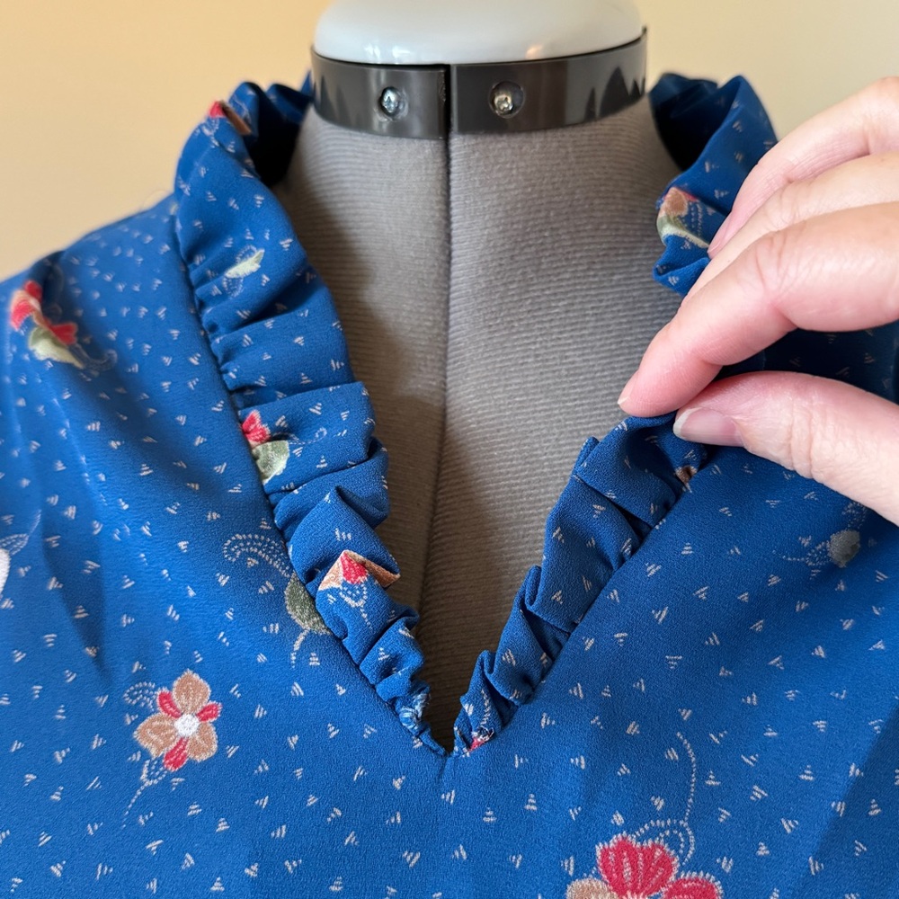 Vintage Tall Girl Prairie Midi Dress Blue Floral Ruffle Collar Size 12 Tall - Picture 13 of 16